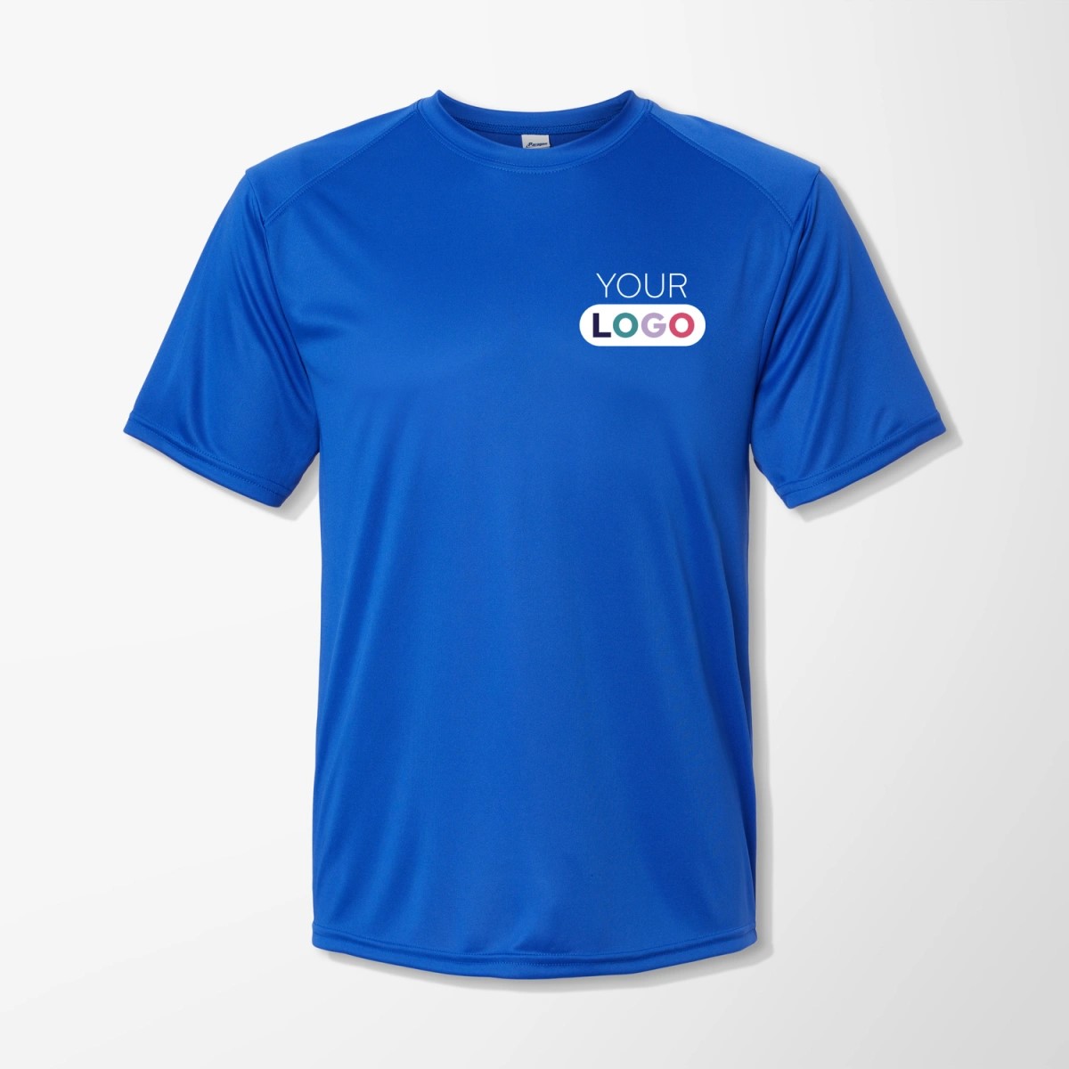 Blue promotional tee shirt with logo printed on upper right front.