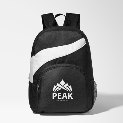 Black branded backpack with white stripe and white logo print.