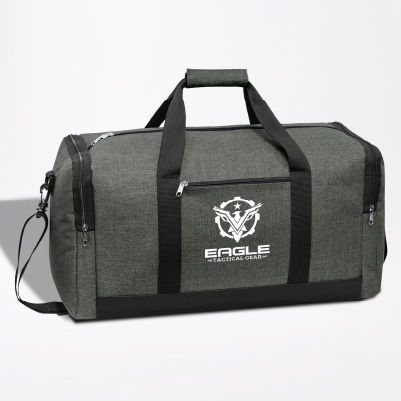 Large gray promotional duffel bag with white logo on display.