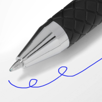 Custom gel pen with blue ink writing on paper.
